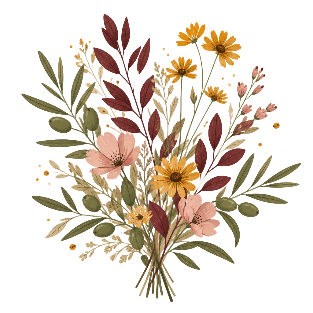 Botaniczna ilustracja: gałązki oliwne, bordowe liście i polne kwiaty